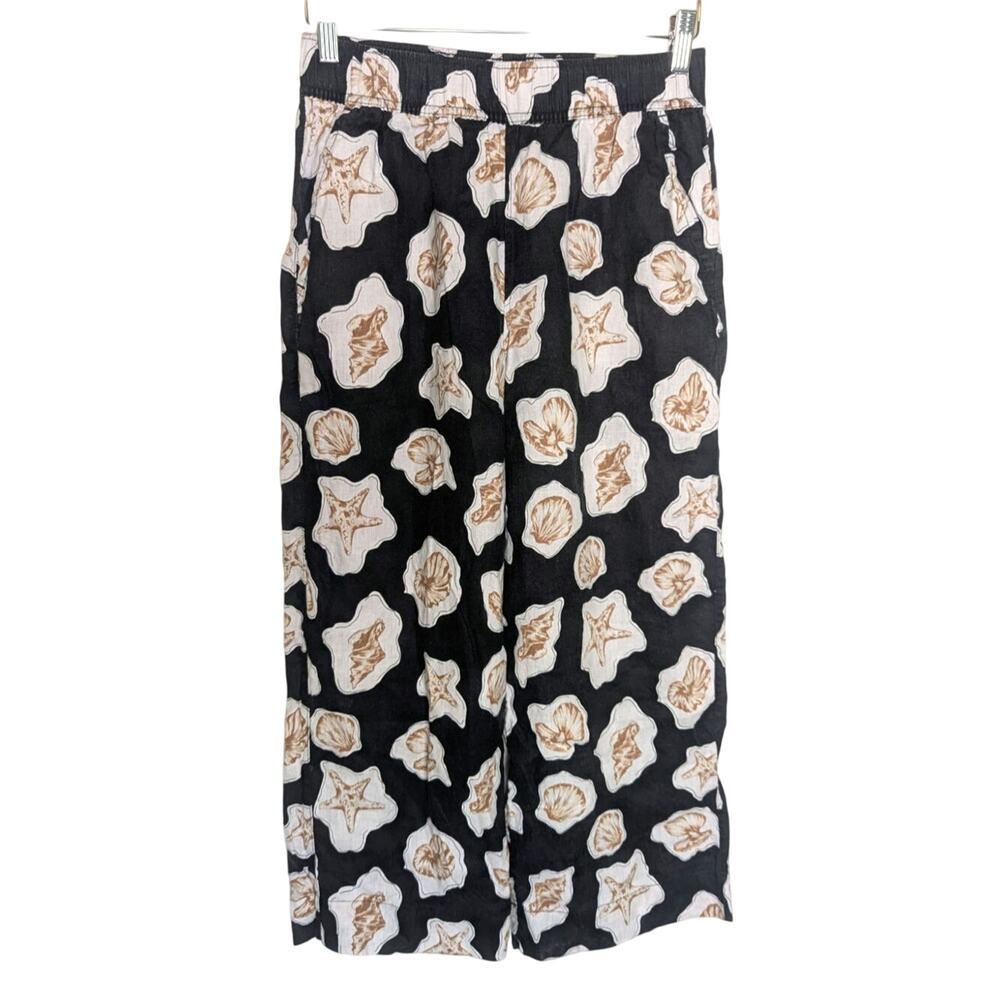 Nicole Miller 100% Linen Shell Print Black Wide Leg Pants Women S Beachy Coastal